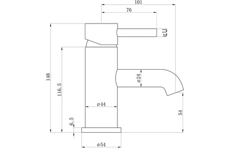 Brushed bronze basin mixer dimensions diagram with spout clearance and height