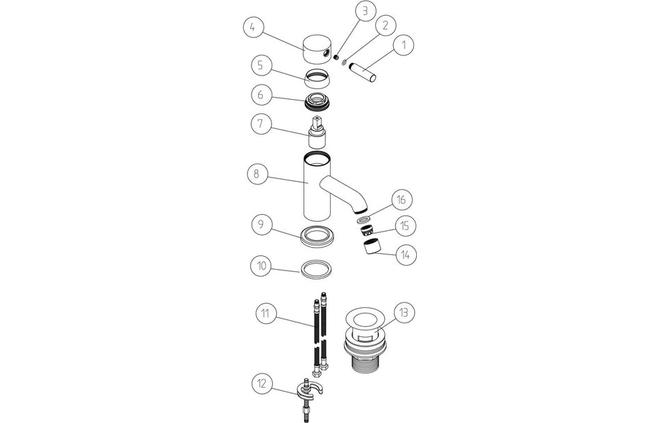 Basin mixer tap parts diagram with waste components and single lever, chrome finish