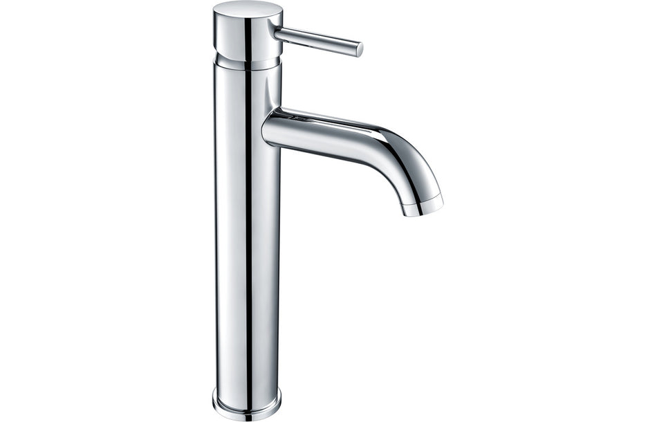 Chrome tall basin mixer with single lever and curved spout