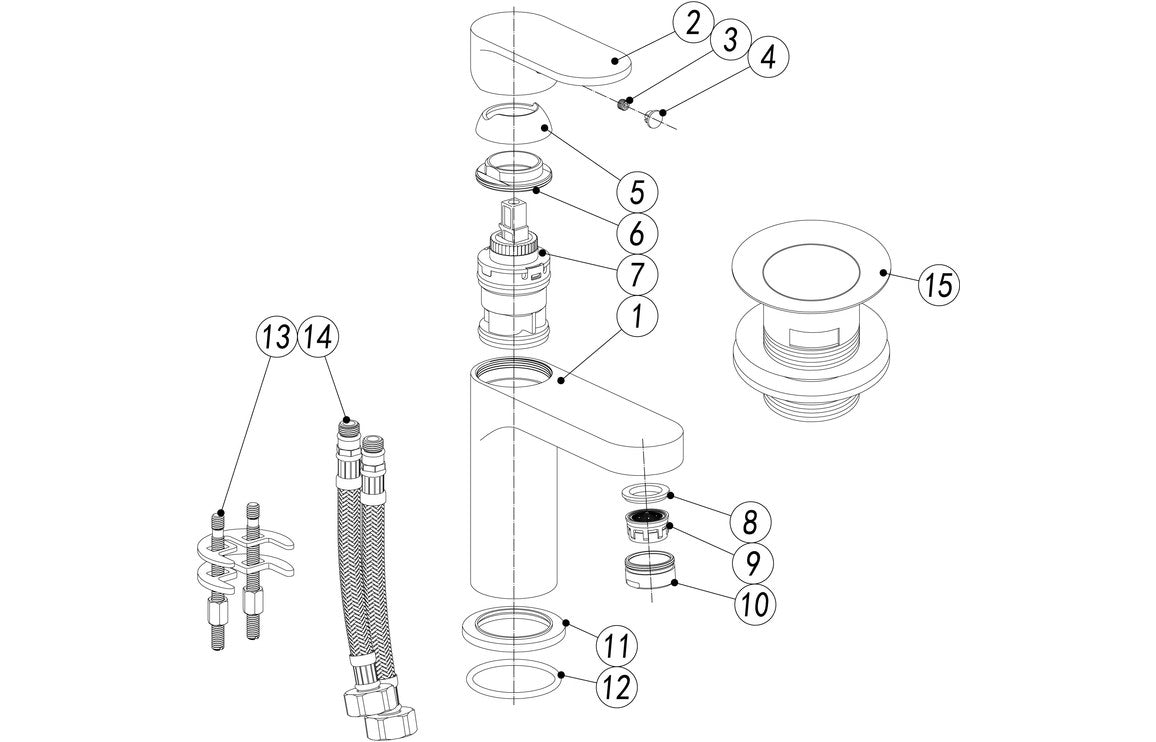 Chrome basin mixer tap exploded view diagram with numbered parts