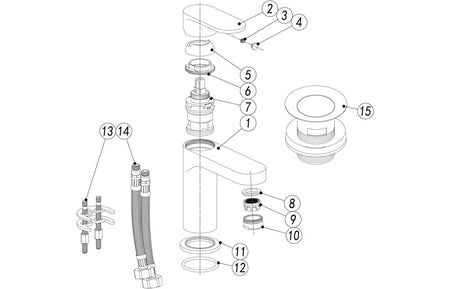 Chrome basin mixer tap exploded view diagram with numbered parts