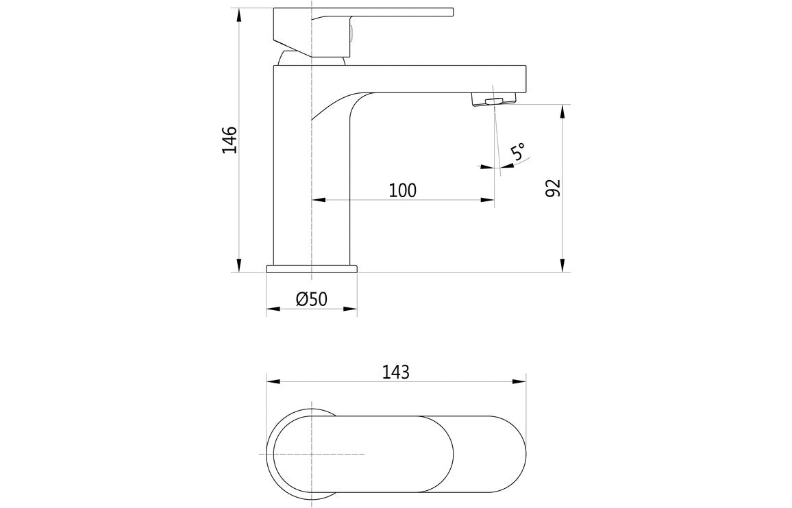 Chrome basin mixer tap technical line drawing with dimensions