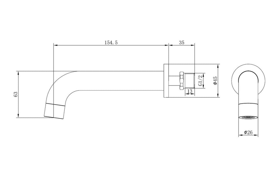 Brushed brass wall-mounted basin mixer spout with control handle, side view