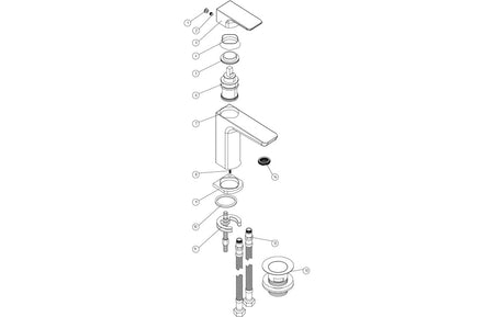 Brushed brass basin mixer and waste parts diagram, including spout and valves