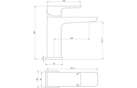 Basin mixer and waste technical drawing with height and width measurements