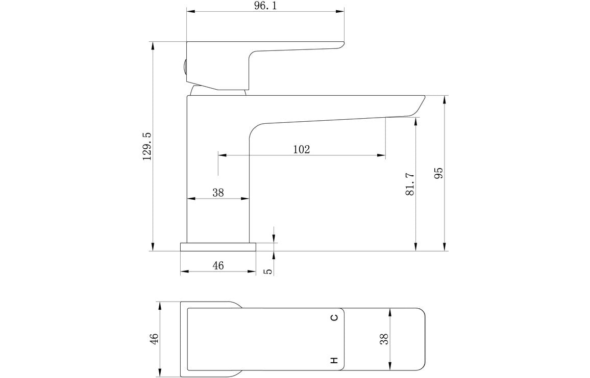 Brushed bronze basin mixer tap technical dimension diagram