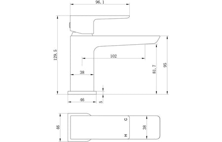 Brushed brass basin mixer technical dimension drawing with waste outlet