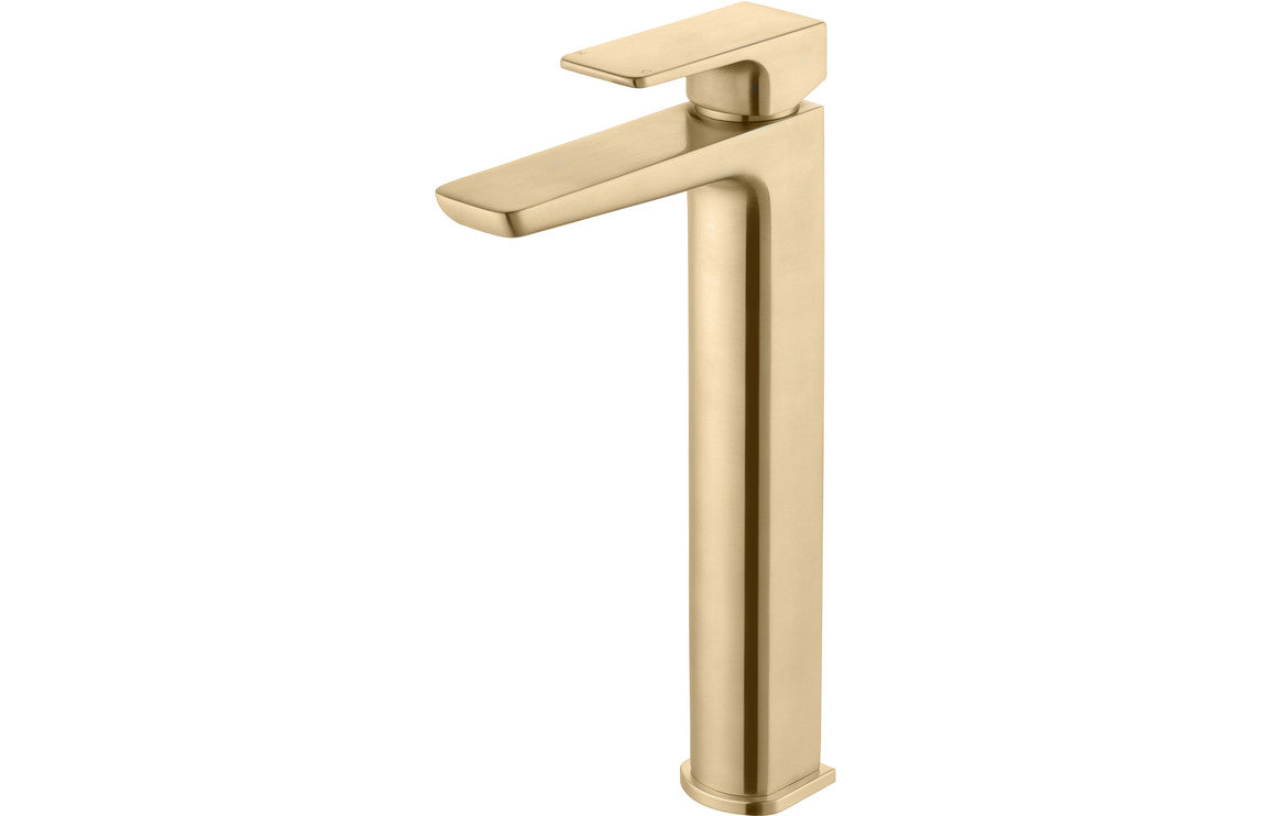 Brushed brass tall basin mixer with single lever handle