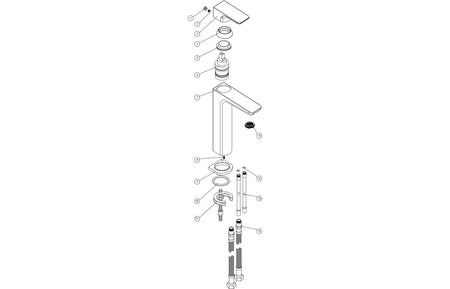 Exploded view of tall basin mixer tap showing handle, cartridge, and fittings