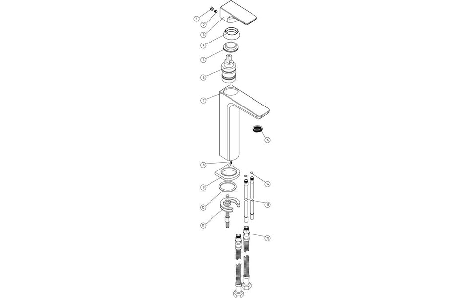 Exploded view of tall basin mixer tap showing handle, cartridge, and fittings