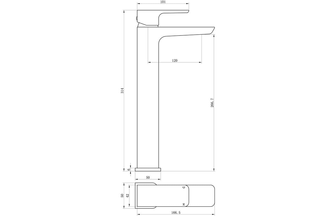 Line drawing of tall basin mixer tap dimensions, brushed bronze