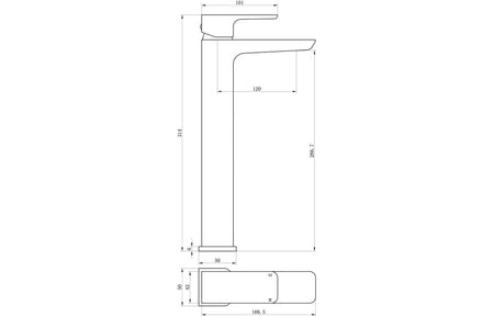 Line drawing of tall basin mixer tap dimensions, brushed bronze