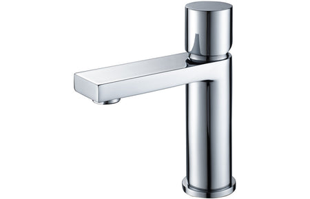Chrome basin mixer with tall cylindrical spout and lever handle