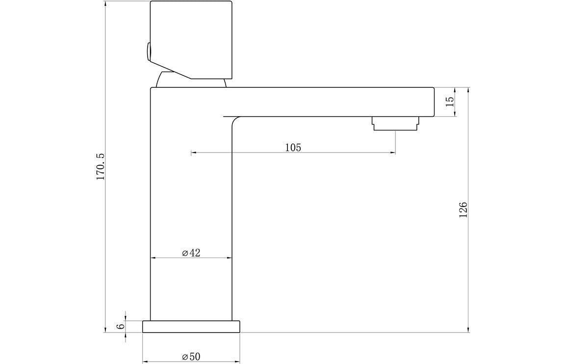 Chrome basin mixer technical drawing with dimensions and height profile