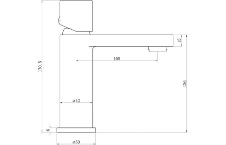 Chrome basin mixer technical drawing with dimensions and height profile