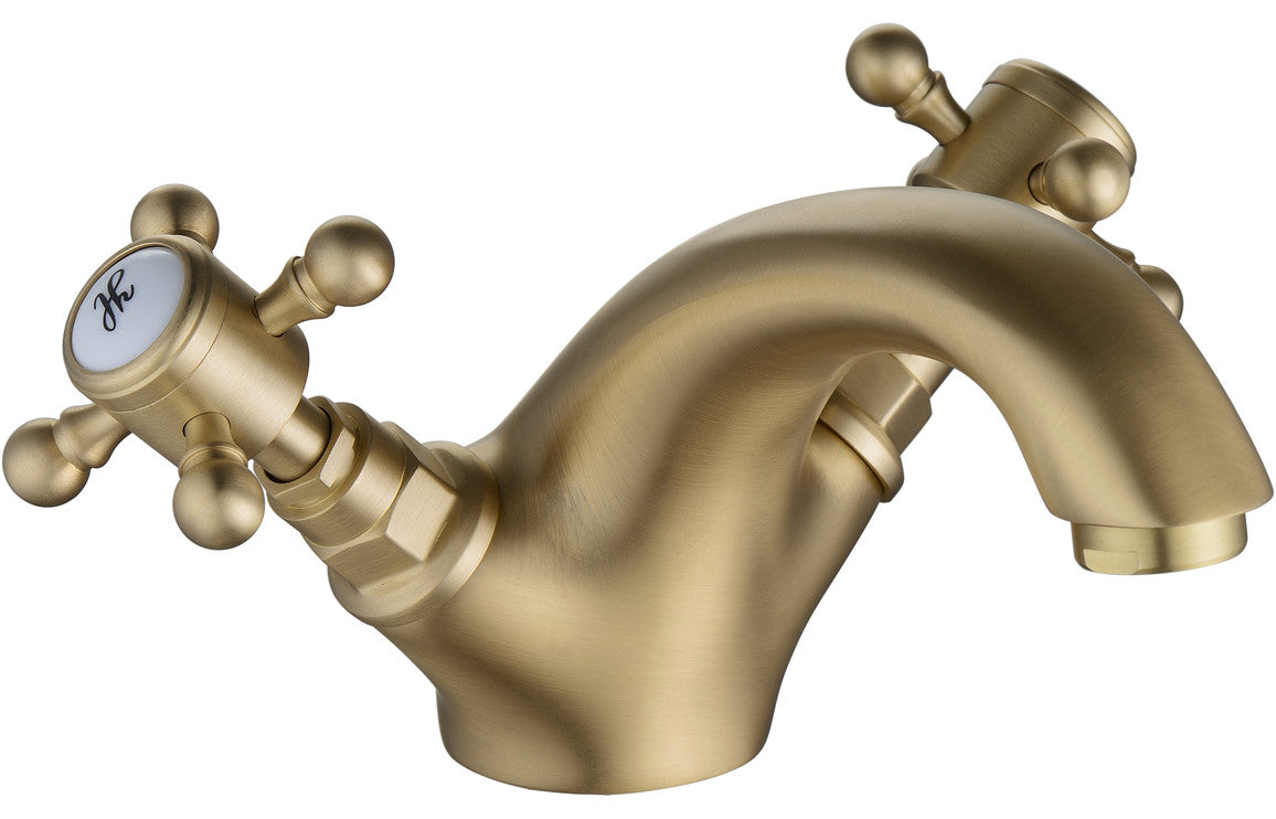 Brushed brass basin mixer tap with cross handles and pop-up waste