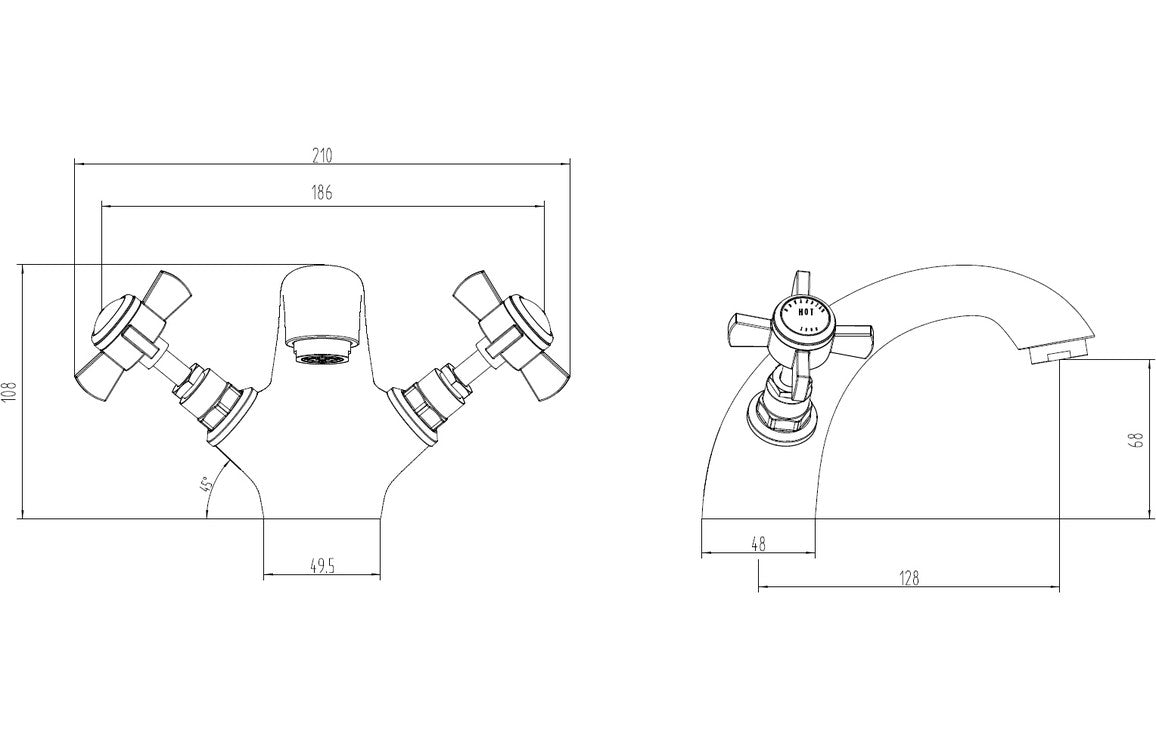 Brushed brass basin mixer tap with pop-up waste dimension line drawing