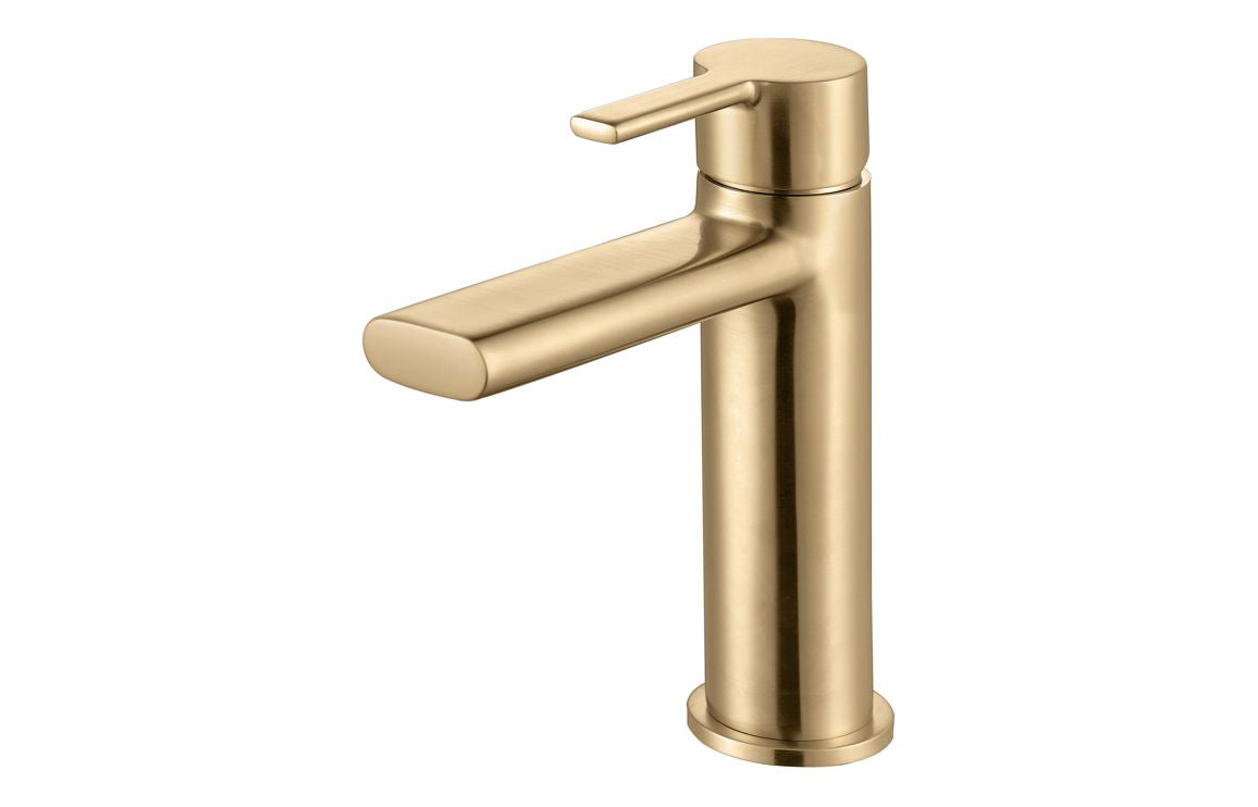 Brushed brass basin mixer faucet with single lever and curved spout