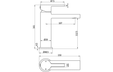 Brushed brass basin mixer faucet technical dimension line drawing