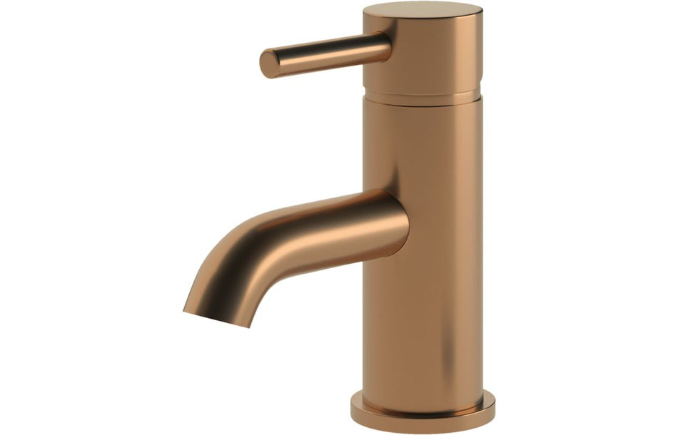 Brushed bronze single-handle basin mixer with tall curved spout and pop-up waste