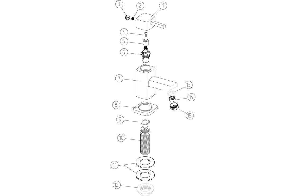 Chrome basin tap exploded view of parts, handle, and spout components