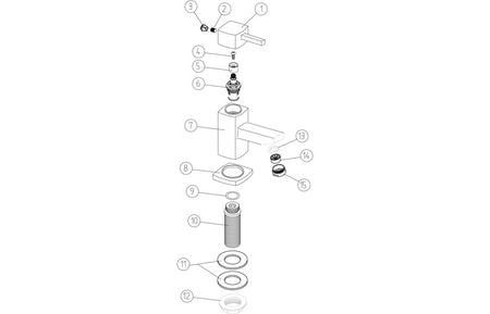 Chrome basin tap exploded view of parts, handle, and spout components