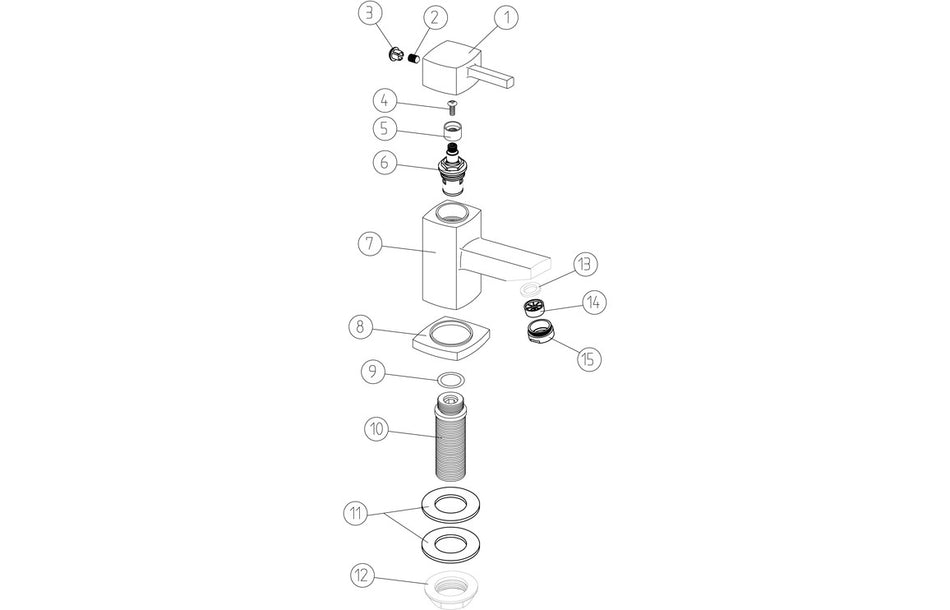 Chrome basin tap exploded view of parts, handle, and spout components