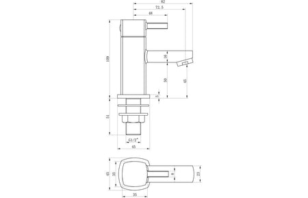 Chrome basin tap technical drawing with dimensions for mixer and spout