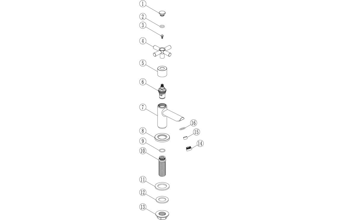 Exploded view of chrome basin tap components, showing washers and fittings