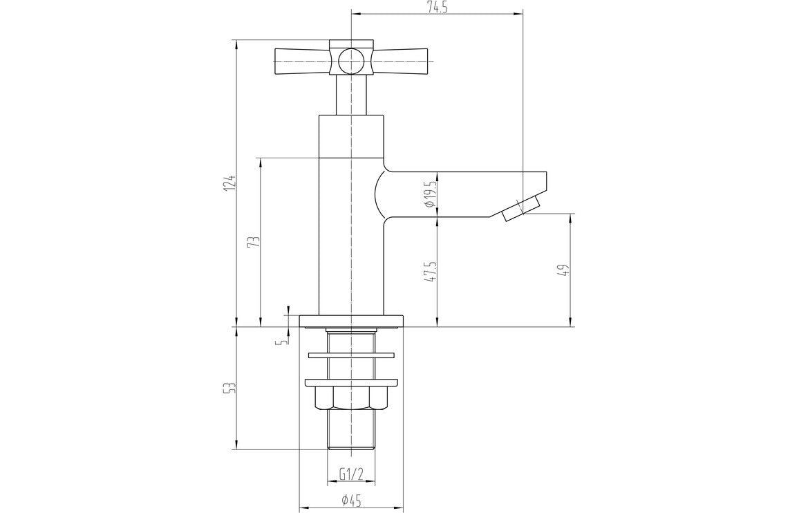 Technical line drawing of chrome basin tap with cross handle and spout dimensions