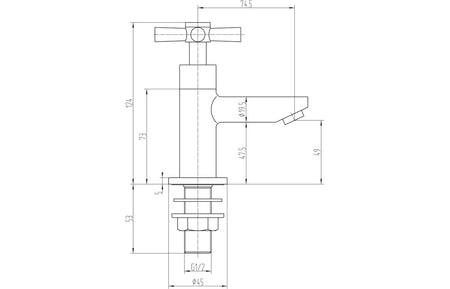 Technical line drawing of chrome basin tap with cross handle and spout dimensions