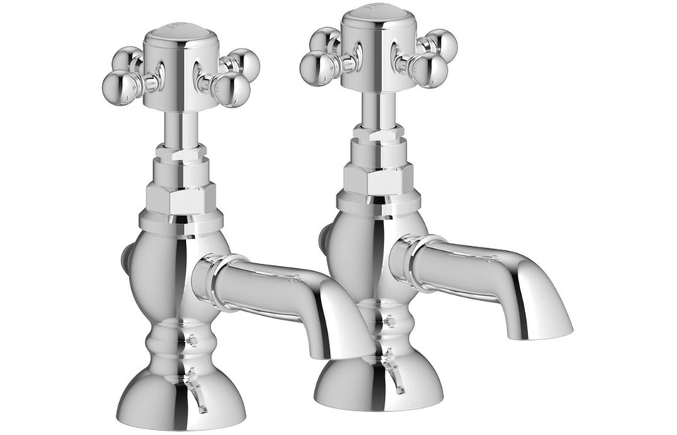 Chrome pillar tap set with twin cross handles and curved spout