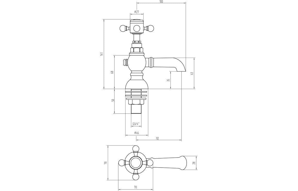 Technical line drawing of chrome pillar tap with dimensions and outlets