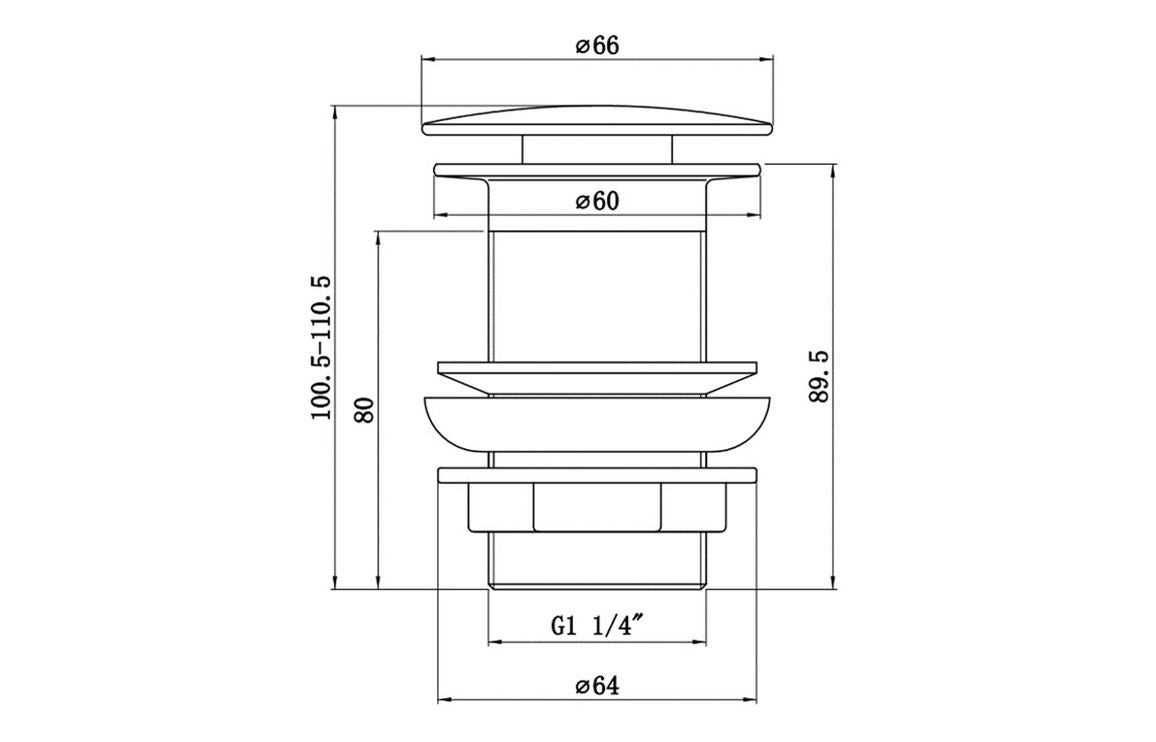 Matt black unslotted mushroom basin waste drawing, shows 1-1/4 in dimensions