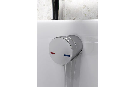 Bath overflow filler with integrated valve, chrome round control and outlet