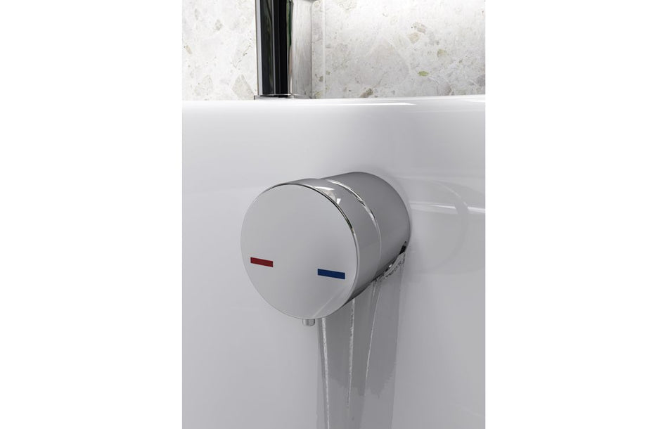 Bath overflow filler with integrated valve, chrome round control and outlet