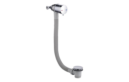 Bath overflow filler with integrated valve, chrome control with flexible hose and drain