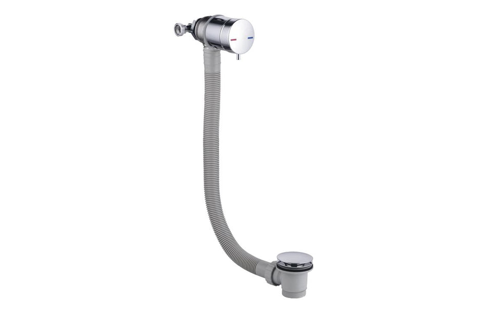 Bath overflow filler with integrated valve, chrome control with flexible hose and drain