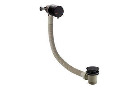 Tub overflow filler with integrated valve, black circular control, flexible hose and drain