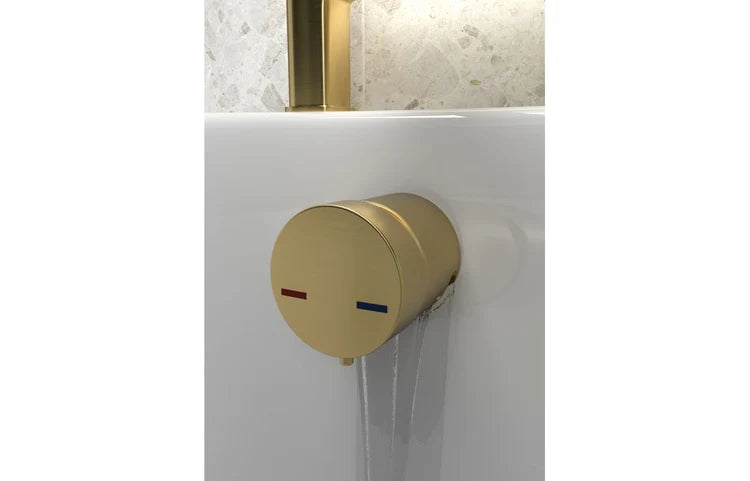 Bath overflow filler with integrated valve, round brushed brass face and indicator lines