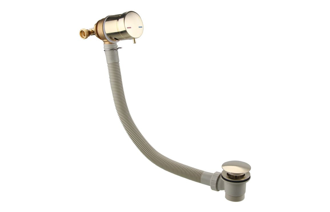 Brushed brass overflow valve kit with flexible hose and drain outlet
