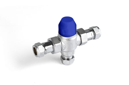 Intamix Delta thermostatic mixing valve with blue control cap and chrome metal body