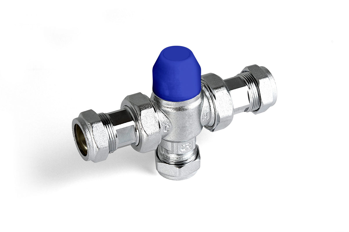 Intamix Delta thermostatic mixing valve with blue cap top and threaded inlet/outlet ports