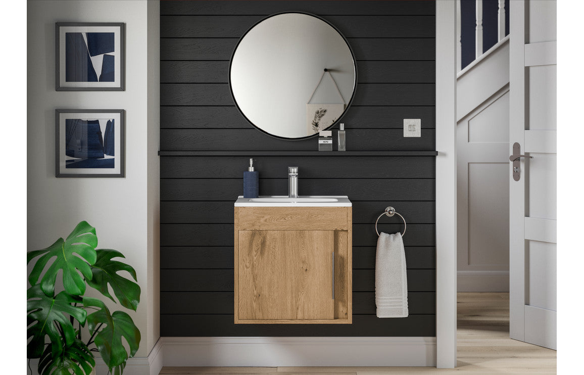 Wall-mounted vanity unit with square white basin in oak finish