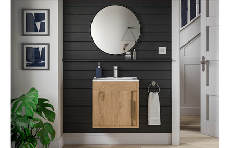 Wall-mounted vanity unit with square white basin in oak finish