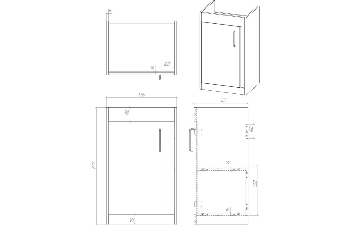 Floor-standing vanity unit line drawing with dimensions and integrated basin
