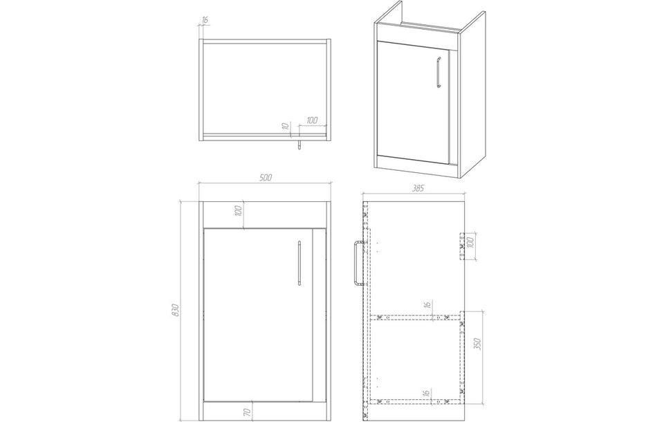 Floor-standing vanity unit line drawing with dimensions and integrated basin