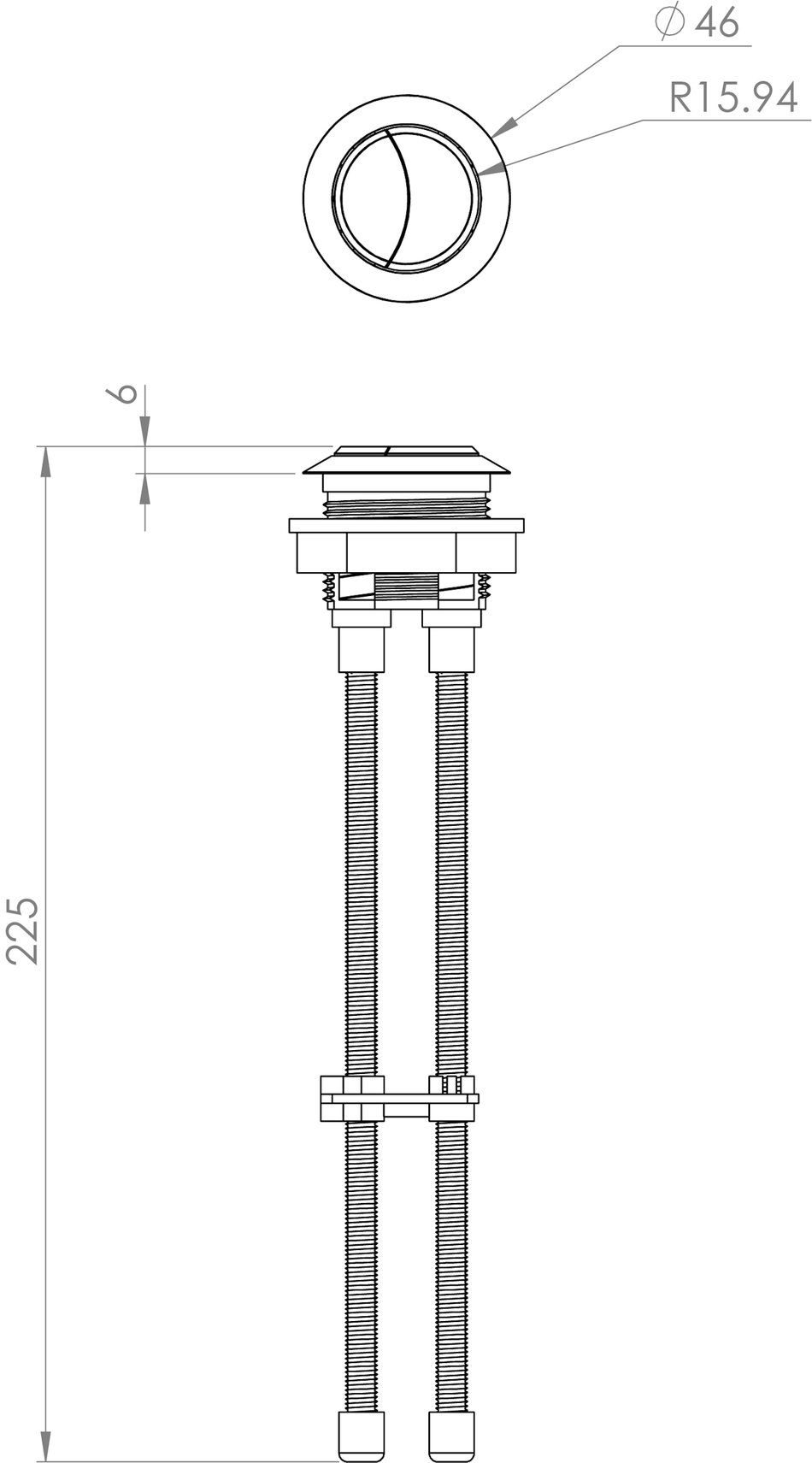 Brushed brass dual-rod toilet flush button; technical drawing with mounting dimensions