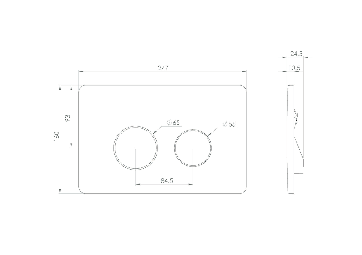 Technical drawing of chrome dual flush plate with two round push buttons and dimensions