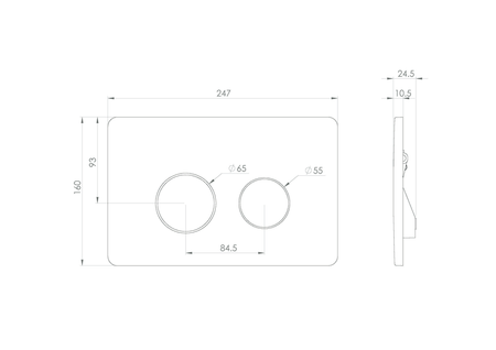 Technical drawing of chrome dual flush plate with two round push buttons and dimensions